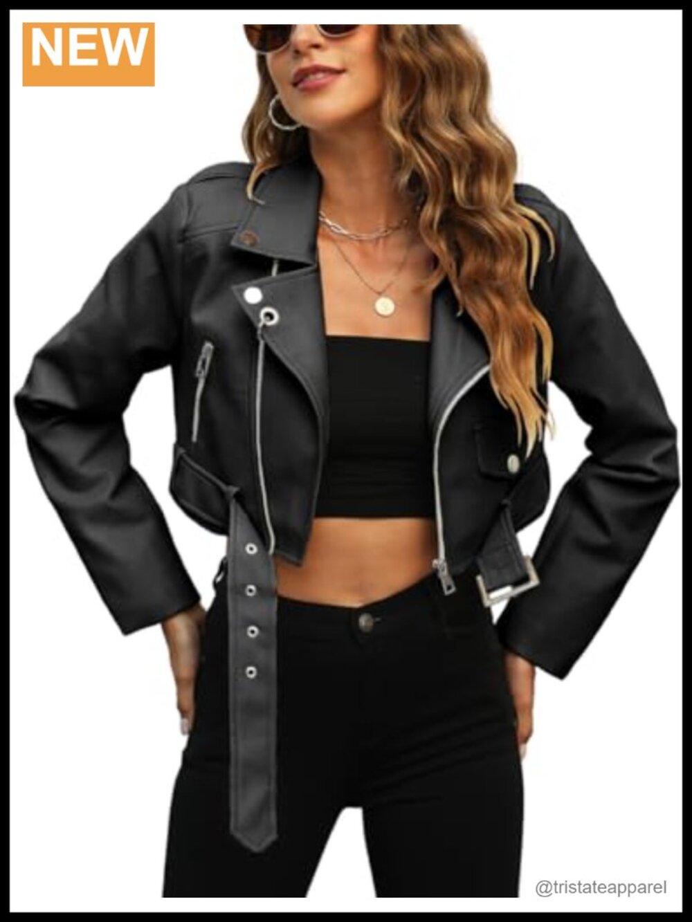 Women's Cropped Faux Leather Jacket Bomber PU Moto Coat with Belt Zipper